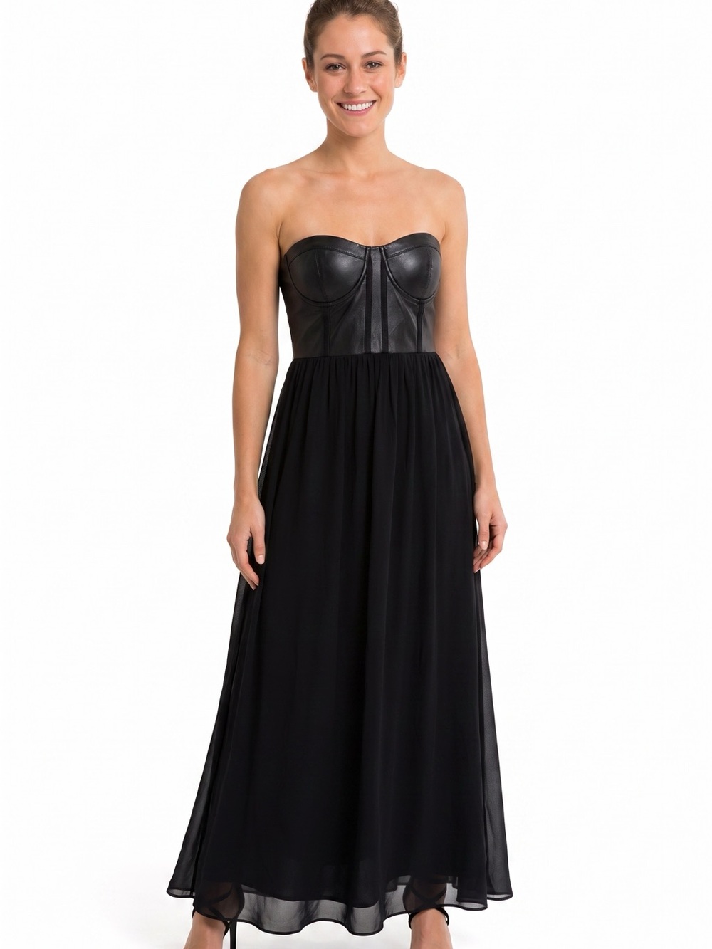 Alice + Olivia Strapless Black Maxi Dress with Faux Leather Bodice
